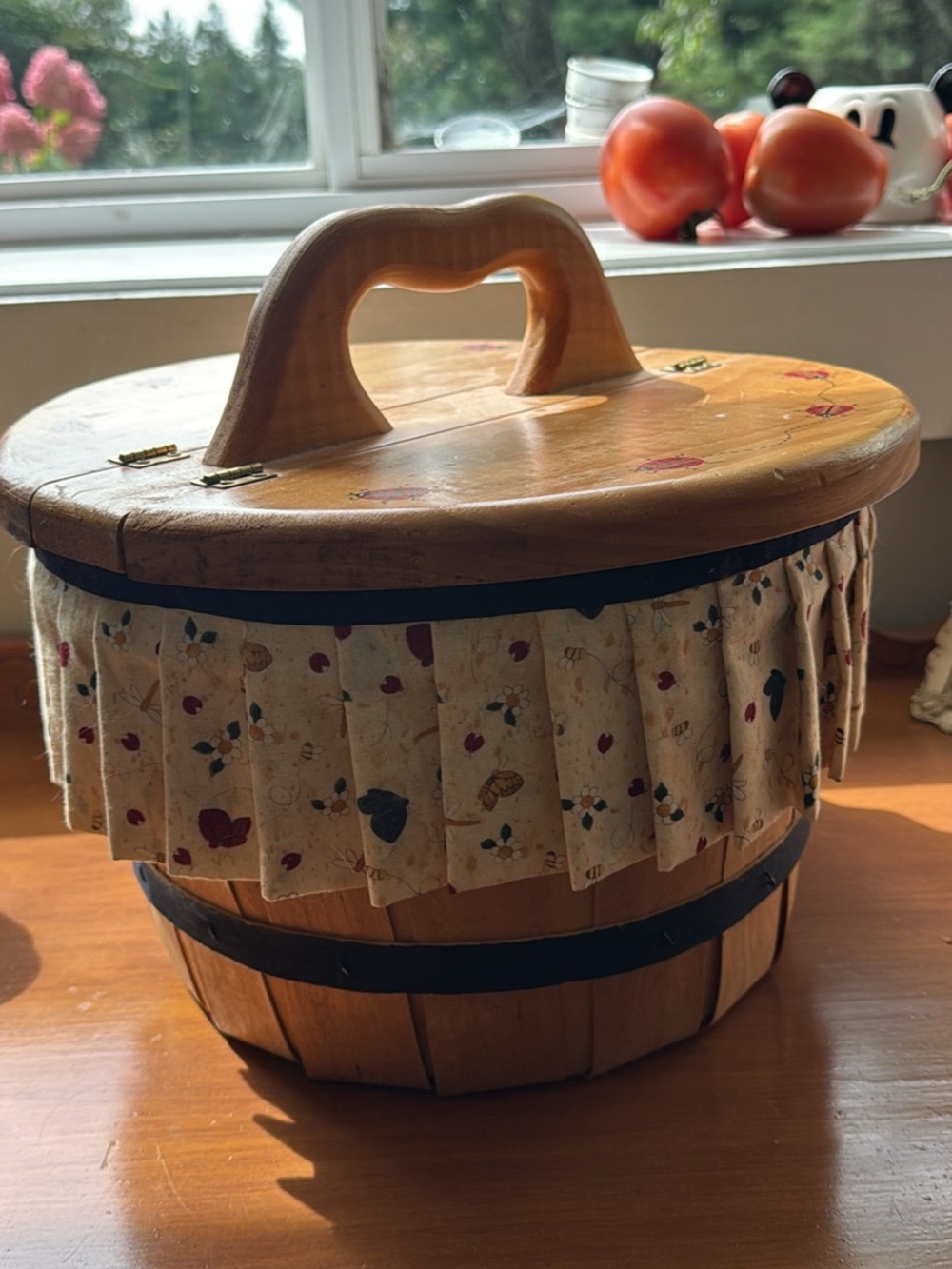 Vintage Wooden Covered Basket with Pleated Fabric Skirt - Cream